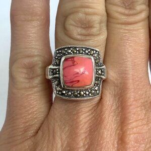 Sterling Silver 925 Square Pink Swirl Enamel Marcasite Halo Ring Sz 6.75 6g